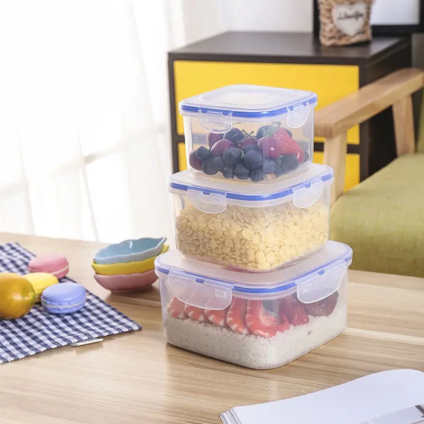 Kitchen Storage Container Set With Food Grade Plastic And Air Seal Lock Lid For Storage Of Grocery Spices Dry Fruits Use For Home Office Restaurant Canteens (3 Piece Set)