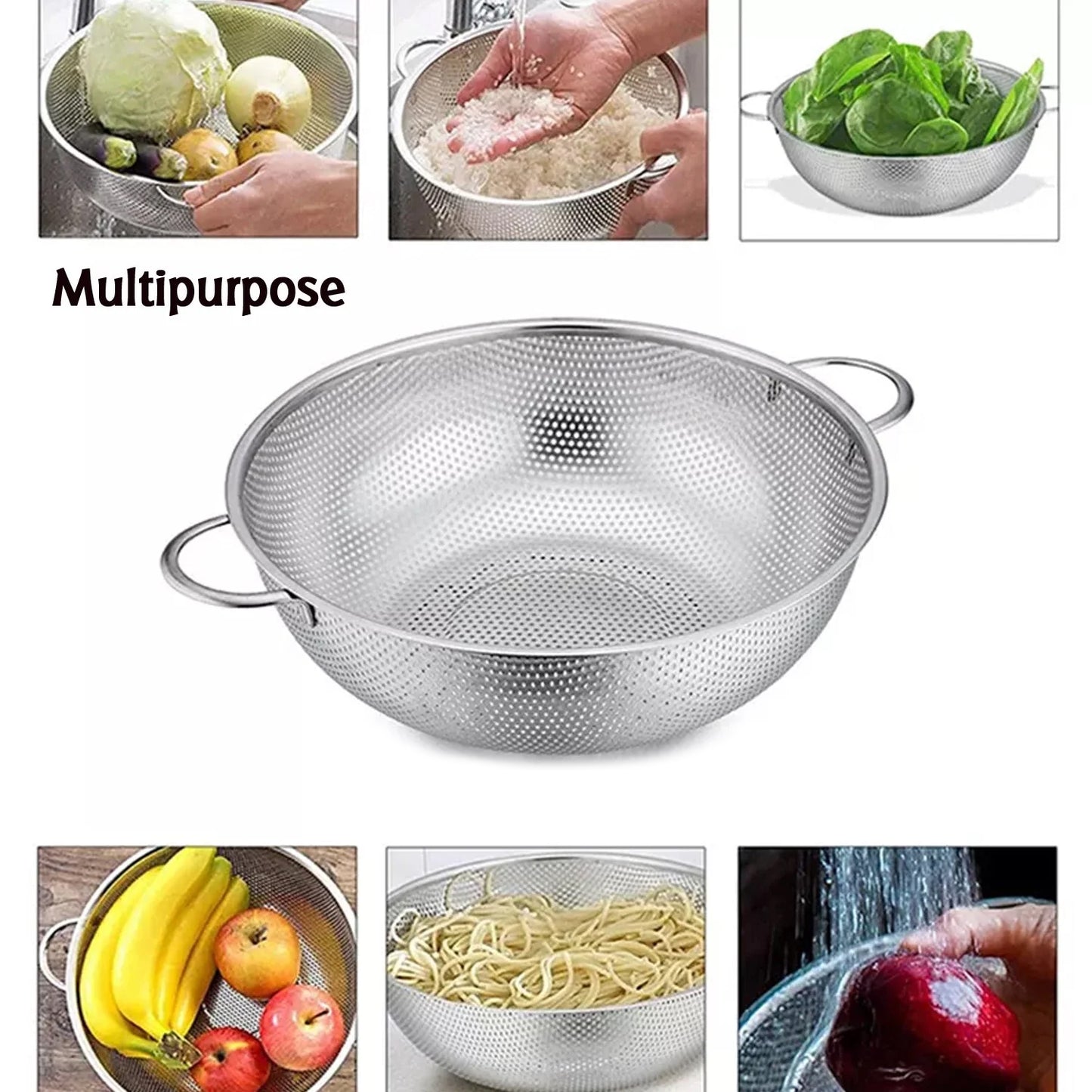 Stainless Steel Colander With Handle Large Metal Mesh Basket Strainer For Pasta Spaghetti Berry Veggies Fruits  Kitchen Food Colander Dishwasher Safe (1 Pc  25.5 Cm)