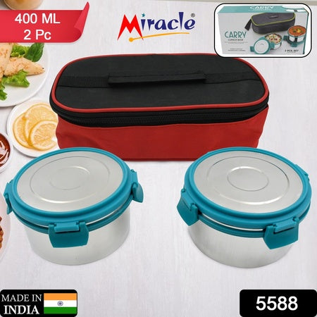 Miracle Carry Lunch Box Microwave Safe Lunch Box With Insulated Bag 2 Compartment Lunch Box (400 Ml  2 Pc)