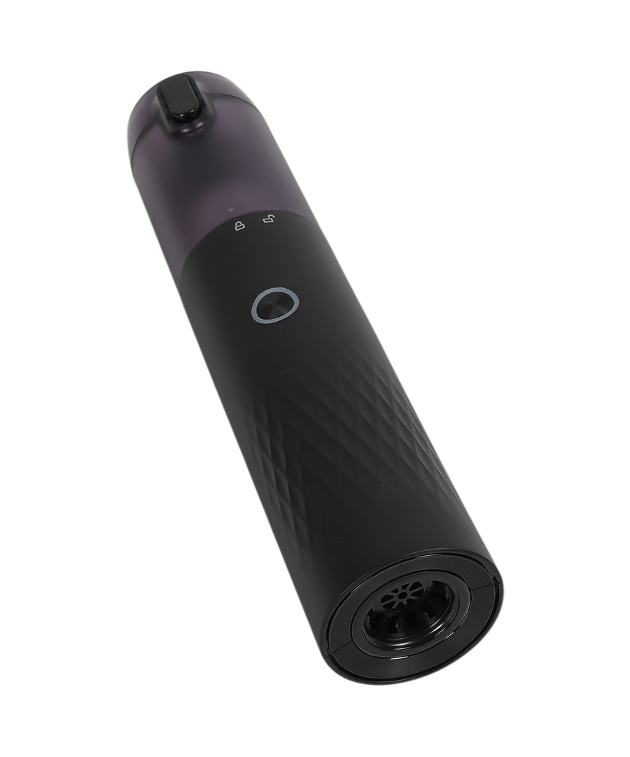 Cordless handheld vacuum cleaner side profile showing compact design, transparent dustbin and power button placement
