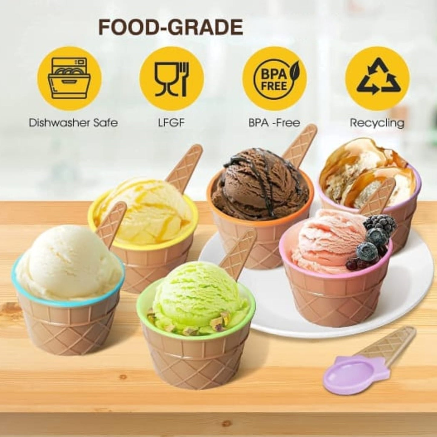 Ice-cream Waffle Spoon Bowel Cup Set  Premium Ice Cream Set  Ice-cream Bowel With Spoon  6 Units Couple Bowl Set  Color Box