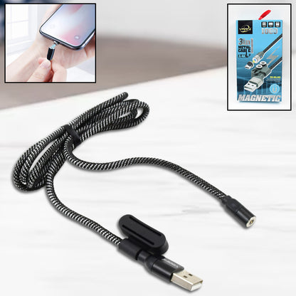 3 In 1 Magnetic Usb Charging Cable  Usb-c Android And Lightning With Extra Protecting Nylon Strong Magnetic Cable With Full Rotation Support Fast Charging