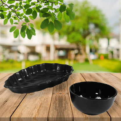 Invitation Round Ceramic Snacks Bowl With Plastic Leaf Shape Serving Platter Portable Lightweight Breakfast Serving Bowl  Ideal For Rice Pasta Desserts Home  Kitchen Serving Bowl  Platter (8 Pcs Set)