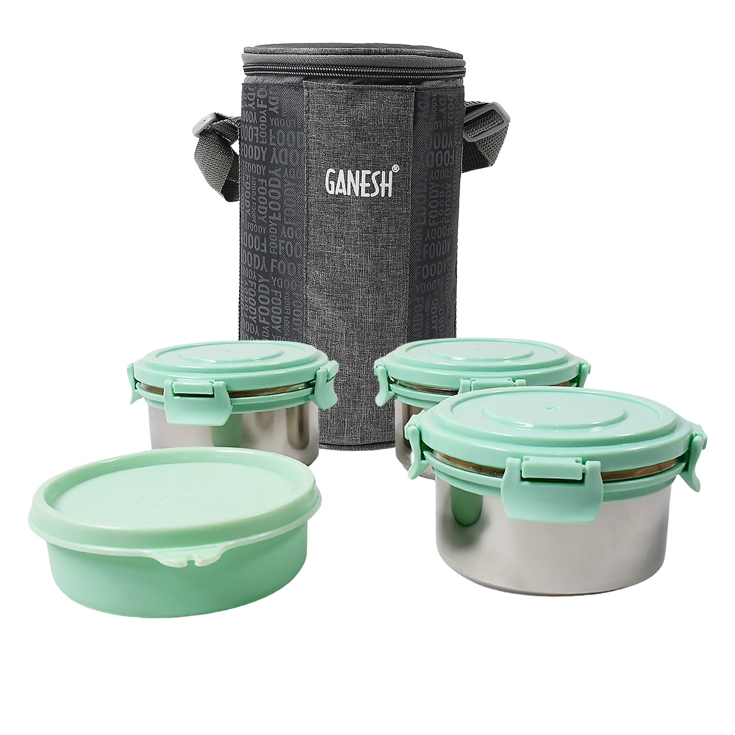 4in1tiffin Box-lunch Box  3 Stainless Steel Containers 300 Ml Approx  Plastic Salad Container 200 Ml Approx Plastic Lid Box  Round Zip Bag  Leak Proof  Microwave Safefor Office College And School For Men Women