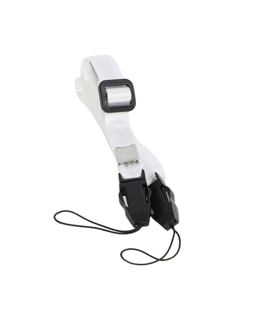 White adjustable wrist strap with black clip buckles and tethered cord for hands-free fan carrying