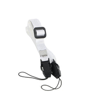 White adjustable wrist strap with black clip buckles and tethered cord for hands-free fan carrying