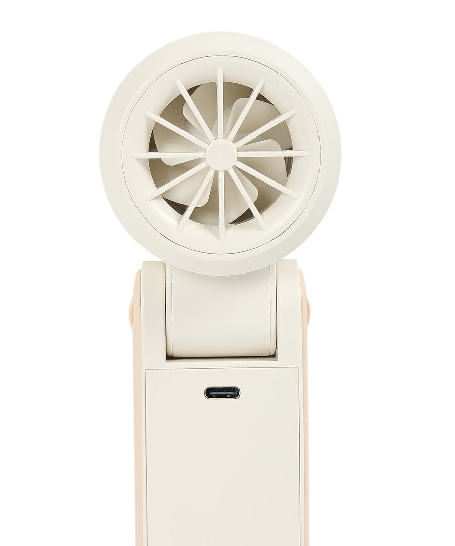 Side angle view of cream cooling fan with silver Ice Touch plate and foldable design in compact position