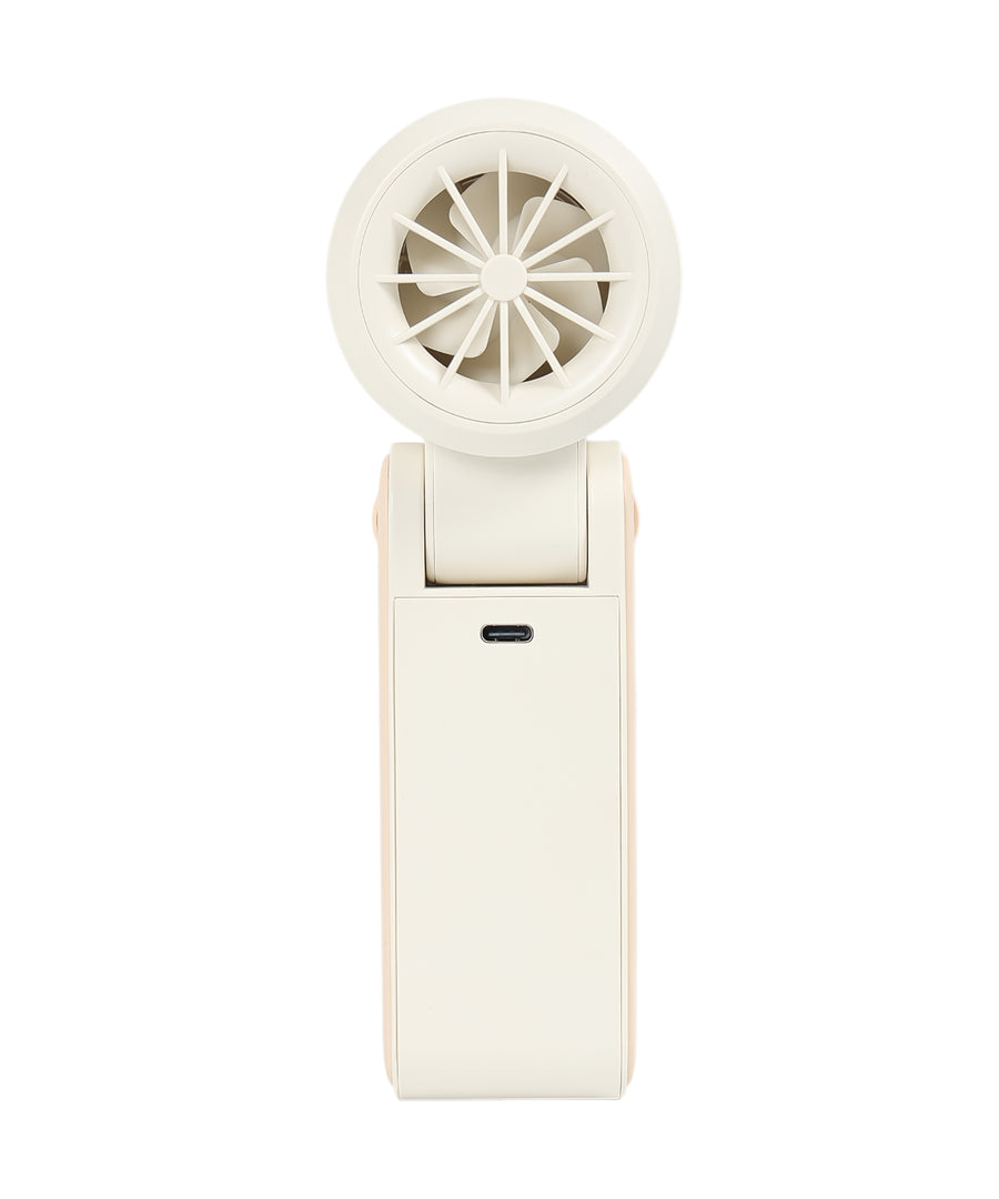 Cream Ice Touch cooling fan in open position showing fan blades, USB-C charging port, and extended grip handle