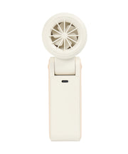 Cream Ice Touch cooling fan in open position showing fan blades, USB-C charging port, and extended grip handle