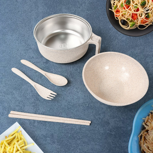 Rice Bowl Noodle 1 Bowl With 1 Lid And Handle Wheat Straw Noodle Bowls With Wheat Straw 1 Fork 2 Chopsticks 1 Spoon For Soup Salad Cooker Snack Set (6 Pcs Set)