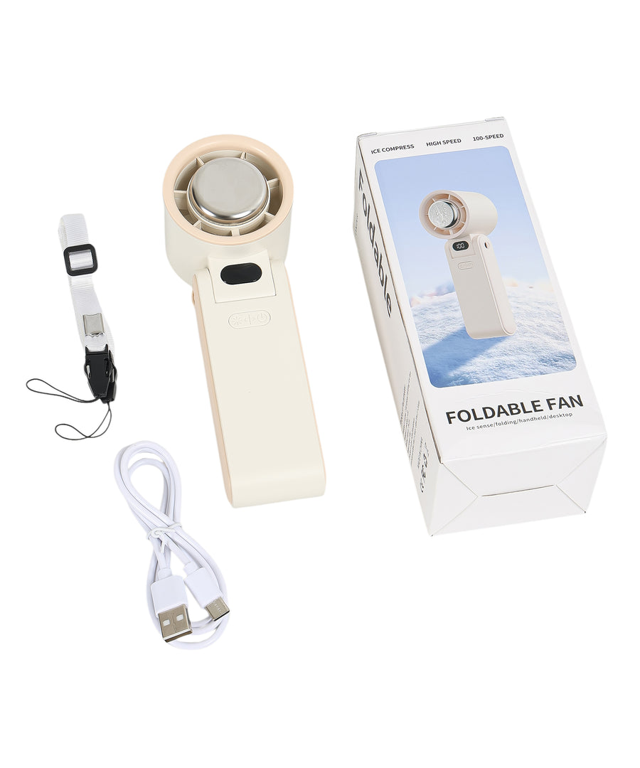 Complete foldable fan package showing cream cooling fan, retail box, wrist strap, and USB-C charging cable