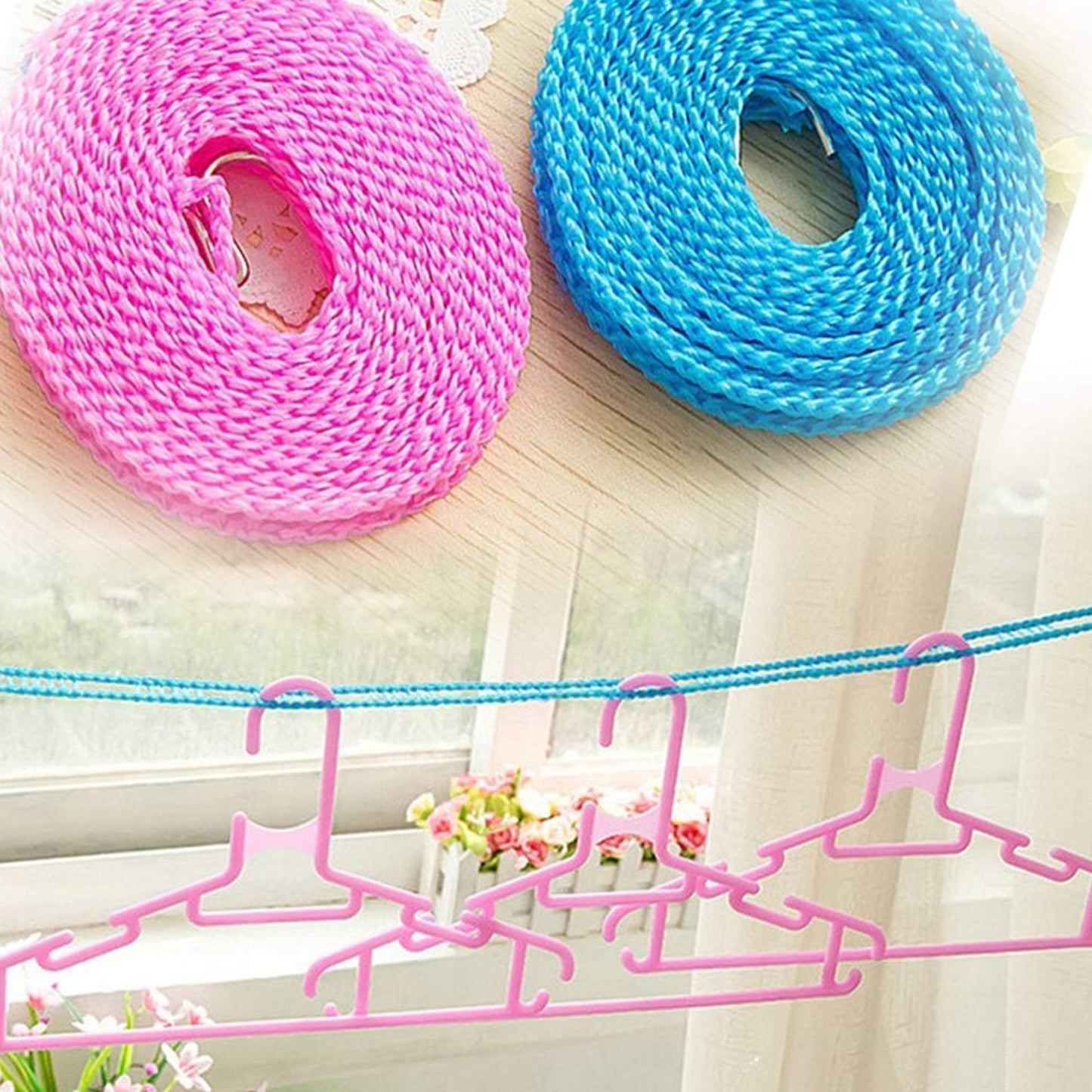 Meters Windprood Anti-slip Clothes Washing Line Drying Nylon Rope With Hooks Durable Camping Clothesline Portable Clothes Drying Line Indoor Outdoor Laundry Storage For Travel Home Use (3 Mtr.)