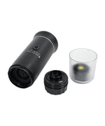 Load image into Gallery viewer, Black espresso maker disassembled showing main unit, detachable components, and transparent collection cup separated
