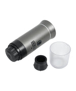 Load image into Gallery viewer, Gray portable espresso maker disassembled showing main unit, black capsule adapter, transparent collection cup, and detachable components&quot;
