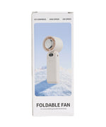 Load image into Gallery viewer, Cream foldable cooling fan in fully opened position showing fan blades, USB-C port, and extended handle design
