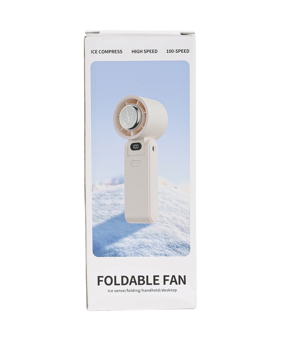 Cream foldable cooling fan in fully opened position showing fan blades, USB-C port, and extended handle design