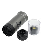 Load image into Gallery viewer, Gray 3-in-1 portable espresso maker fully disassembled showing main unit, black brewing components, transparent collection cup, and all detachable parts

