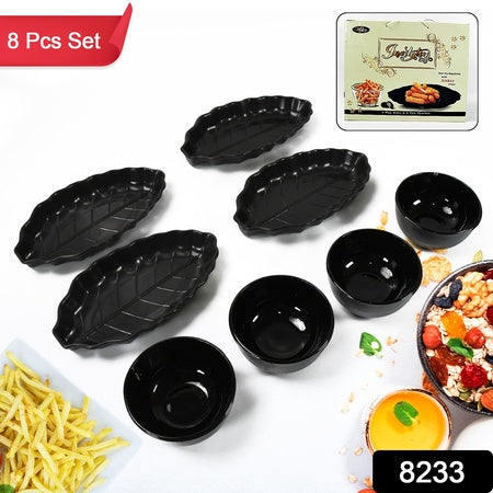 Invitation Round Ceramic Snacks Bowl With Plastic Leaf Shape Serving Platter Portable Lightweight Breakfast Serving Bowl  Ideal For Rice Pasta Desserts Home  Kitchen Serving Bowl  Platter (8 Pcs Set)