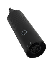 Handheld HEPA vacuum cleaner showing suction inlet opening and power button with transparent dustbin chamber

