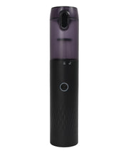 Handheld HEPA vacuum cleaner with dustbin open showing transparent collection chamber and USB-C charging port
