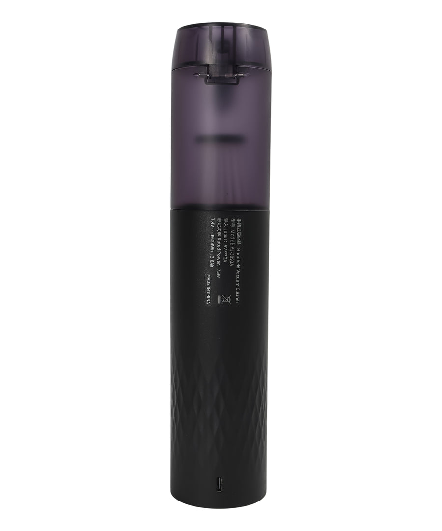 Handheld vacuum cleaner back view showing product specifications, USB-C charging port and ergonomic grip design
