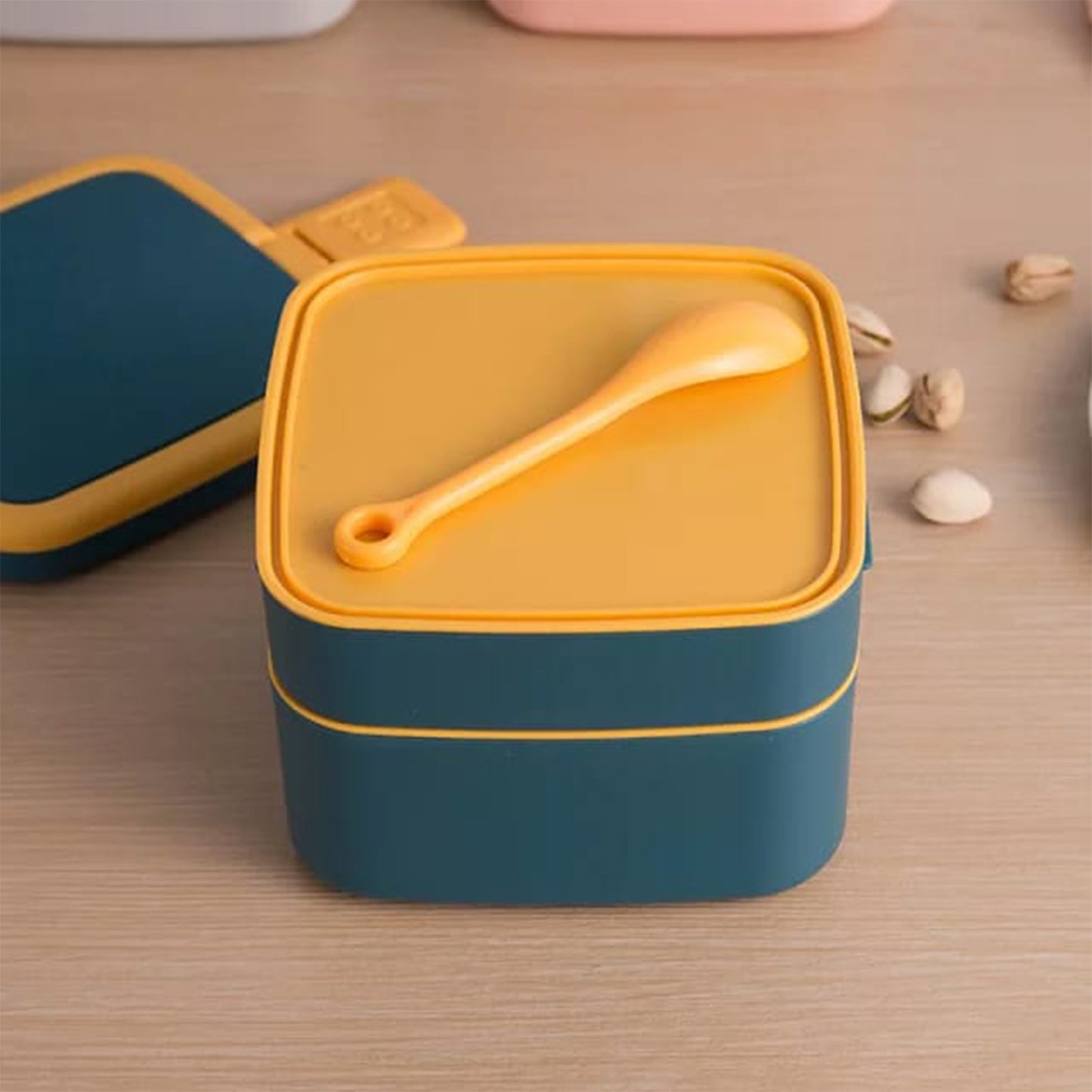 Blue Double-layer Portable Lunch Box Stackable With Carrying Handle And Spoon Lunch Box