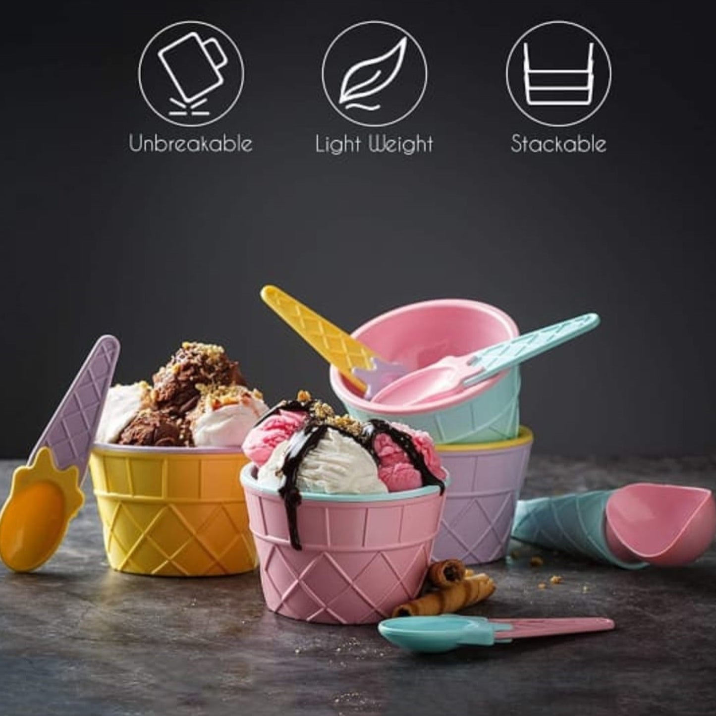 Ice-cream Waffle Spoon Bowel Cup Set  Premium Ice Cream Set  Ice-cream Bowel With Spoon  6 Units Couple Bowl Set  Color Box