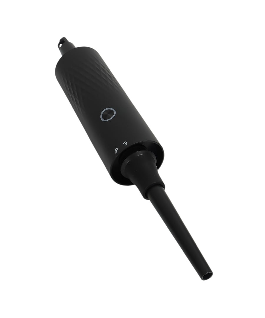 Portable HEPA filter vacuum cleaner with circular suction inlet, ergonomic power button and transparent dust collection chamber
