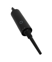Portable HEPA filter vacuum cleaner with circular suction inlet, ergonomic power button and transparent dust collection chamber
