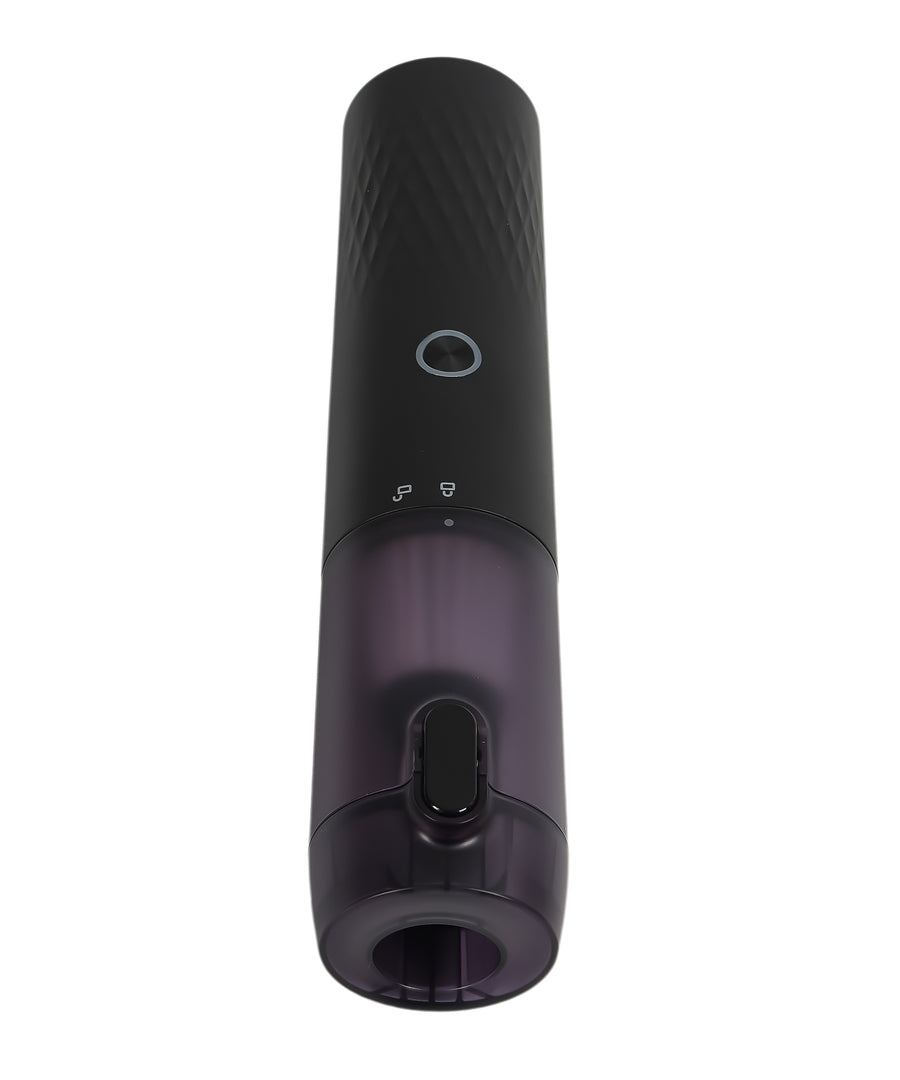 Portable handheld vacuum cleaner front view showing power button, suction control icons and dustbin release mechanism
