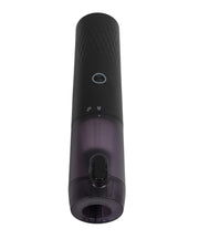Portable handheld vacuum cleaner front view showing power button, suction control icons and dustbin release mechanism
