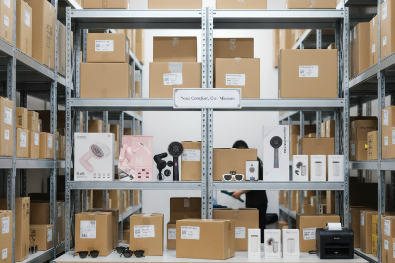 A well-organized warehouse interior with rows of metal shelving holding various sized cardboard boxes, some of which are open to reveal consumer electronics like massagers, coffee makers, and smart sunglasses. A sign in the center reads 
