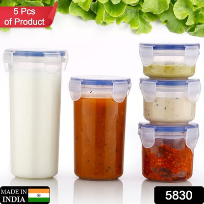 Plastic Liquid Round Airtight Food Storage Container With Leak Proof Locking Lid Bpa Free Container For Kitchen 5 Pcs Set (Transparent  ( Approx Capacity 110 Ml160 Ml210 Ml400 Ml500 Ml)