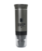 Load image into Gallery viewer, Gray 3-in-1 portable espresso maker assembled side view showing metallic finish, control buttons, USB-C port, and transparent collection base
