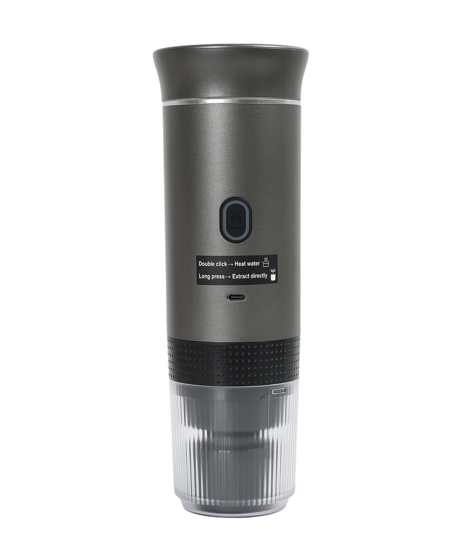 Gray 3-in-1 portable espresso maker assembled side view showing metallic finish, control buttons, USB-C port, and transparent collection base