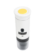 Load image into Gallery viewer, White 3-in-1 portable espresso maker side view displaying cylindrical design, power button, USB-C port, and transparent base
