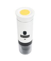 White 3-in-1 portable espresso maker side view displaying cylindrical design, power button, USB-C port, and transparent base