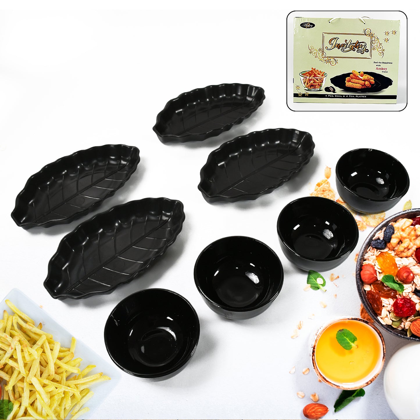 Invitation Round Ceramic Snacks Bowl With Plastic Leaf Shape Serving Platter Portable Lightweight Breakfast Serving Bowl  Ideal For Rice Pasta Desserts Home  Kitchen Serving Bowl  Platter (8 Pcs Set)