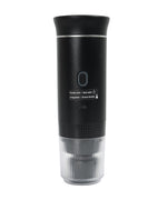 Load image into Gallery viewer, Black 3-in-1 portable espresso maker top view showing yellow heating plate and power button with usage instructions
