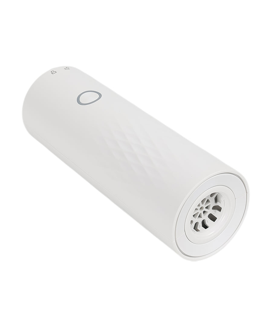 White cylindrical Vacuum cleaner with a power indicator on a white background