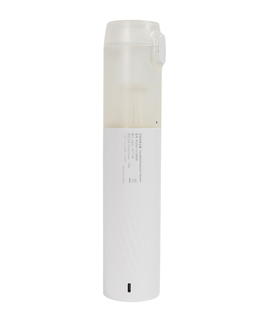 White cylindrical vacuum cleaner with a label on a white background