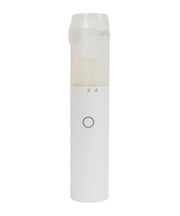 White cylindrical vacuum cleaner with a light on a white background