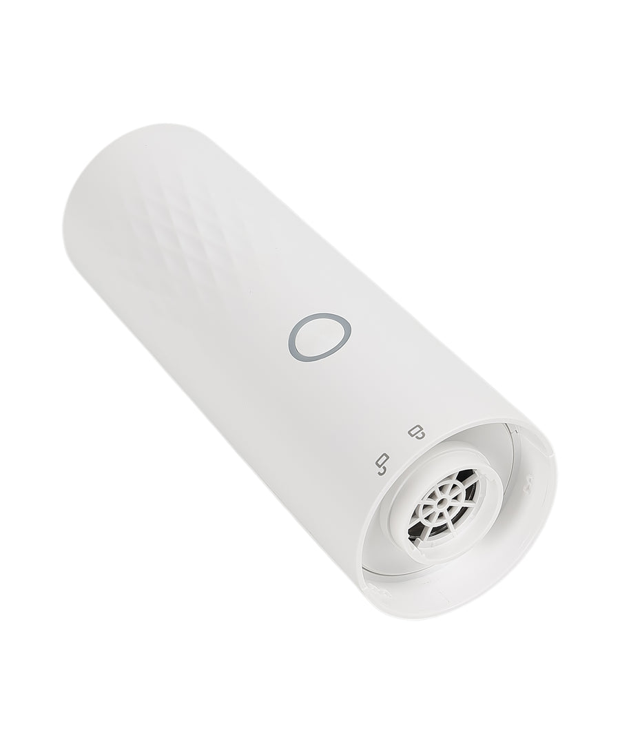 White cylindrical vacuum cleaner with a power symbol on a white background