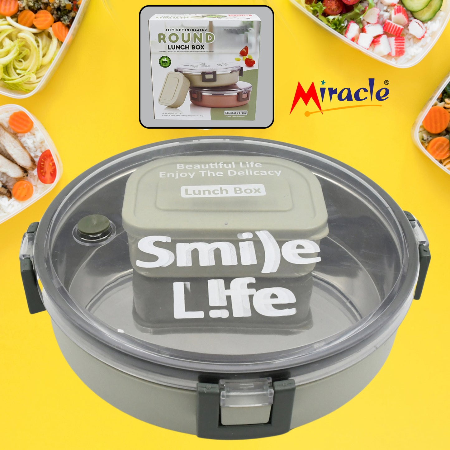 Miracle Stainless Steel Round Lunch Box With Small Plastic Box Insert Leak Proof Lunch Box With Transparent Lid Lunch Box For Kids  Adults For School Office (450 Ml + 250 Ml Approx)