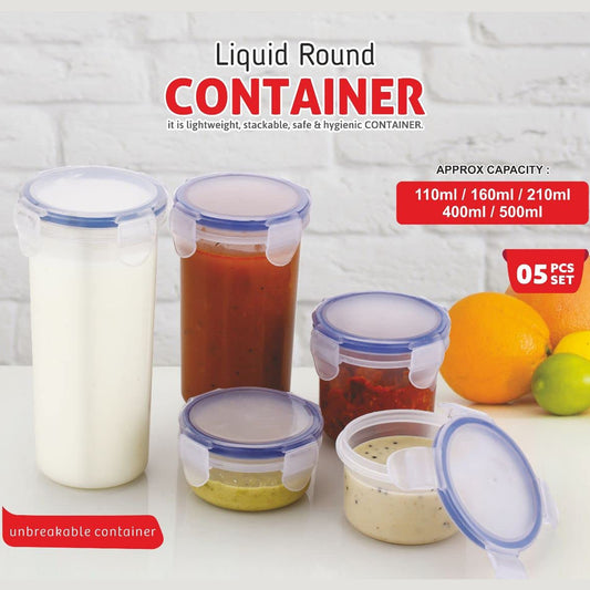 Plastic Liquid Round Airtight Food Storage Container With Leak Proof Locking Lid Bpa Free Container For Kitchen 5 Pcs Set (Transparent  ( Approx Capacity 110 Ml160 Ml210 Ml400 Ml500 Ml)