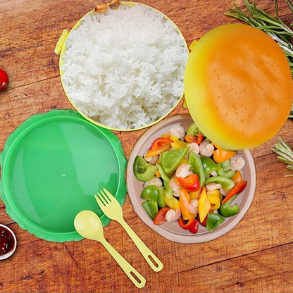 Burger Shape Lunch Box Plastic Lunch Box Food Container Sets Double Layer Lunchbox 1000ml With 2 Spoon Applicable To Kids And Elementary School Students