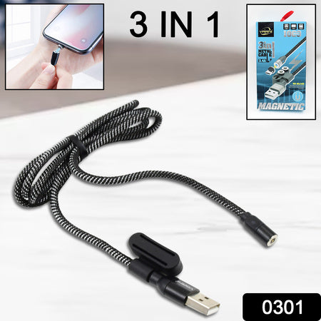 3 In 1 Magnetic Usb Charging Cable  Usb-c Android And Lightning With Extra Protecting Nylon Strong Magnetic Cable With Full Rotation Support Fast Charging