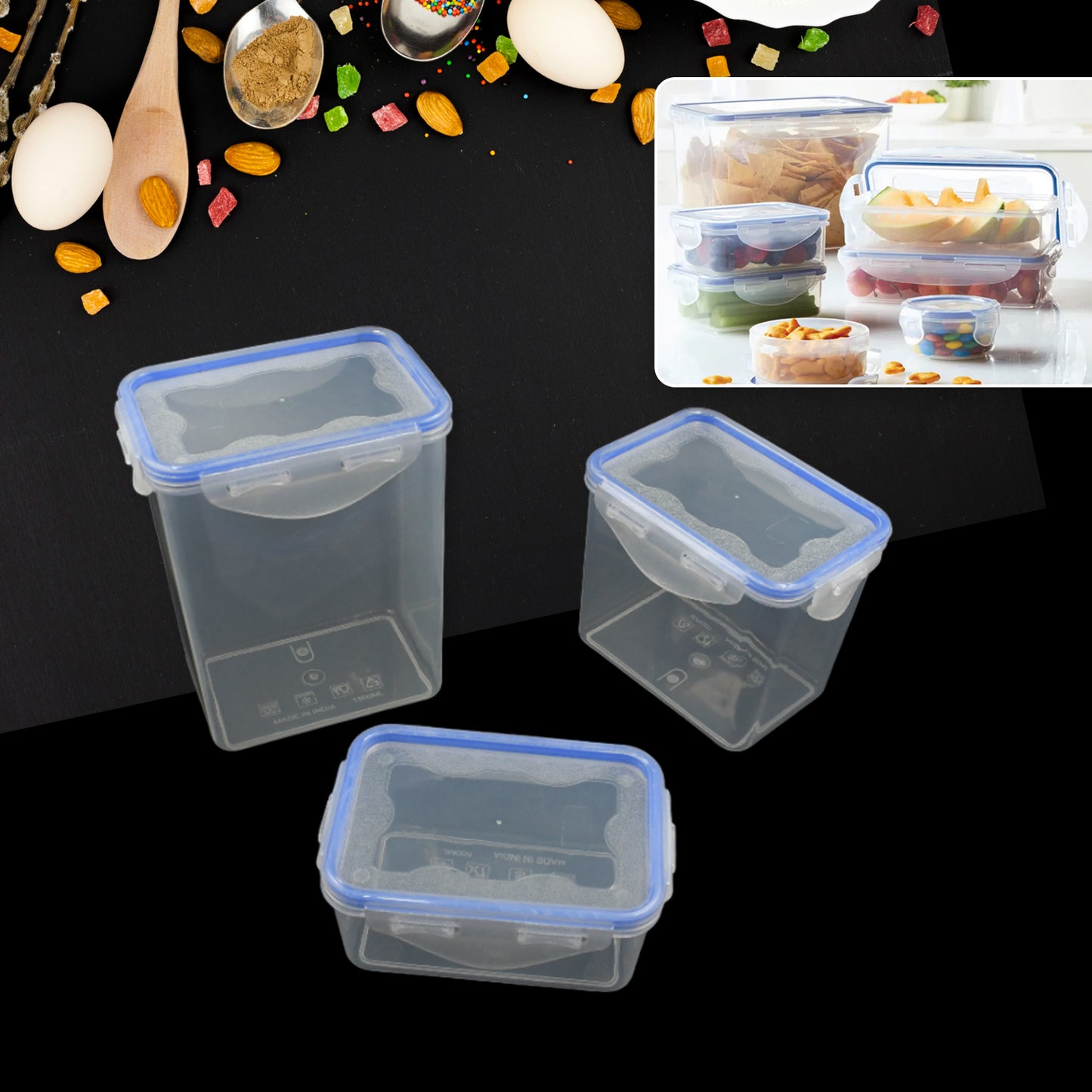 Kitchen Storage Container Set With Food Grade Plastic And Air Seal Lock Lid For Storage Of Grocery Spices Dry Fruits Use For Home Office Restaurant Canteens (3 Piece Set)