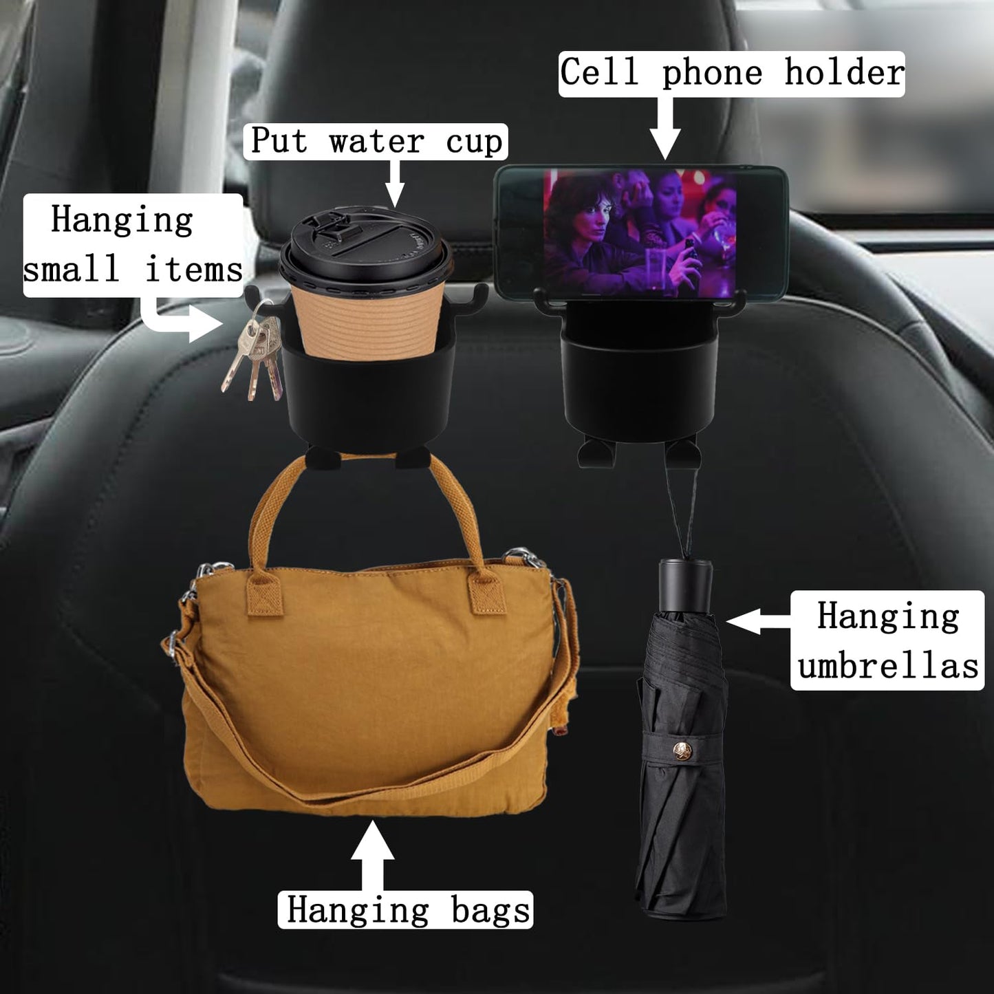 Car Headrest Backseat Organizer 3 In 1 Automotive Cell Phone Drink Cupholder Adapter With Headrest Hooks For Kids And Adults Multifunctional Storage For Car Travel Accessories