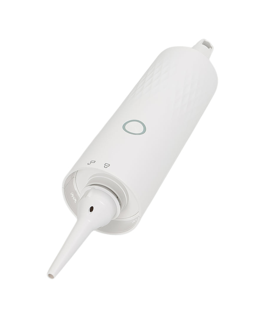 White White Vacuum Cleaner with a long cylindrical component on a white background with a nozzle on a white background